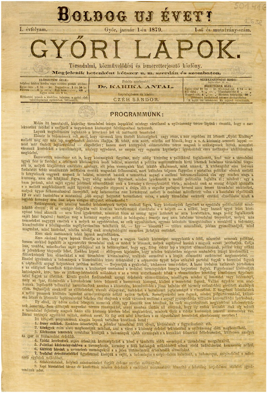 Győri Lapok, 1. évf. 1. (mutatvány)szám, Czéh Sándor, Győr, 1879