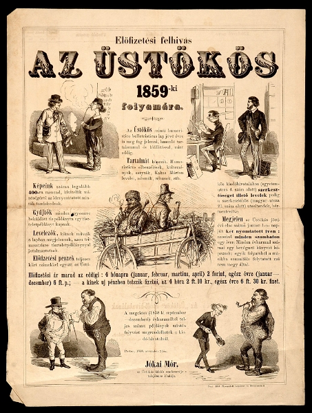 ustokos_elofizetes.jpg - Előfizetési felhívás Jókai Mór Üstökös című élclapjára, 1859. OSZK Plakát- és Kisnyomtatványtár.